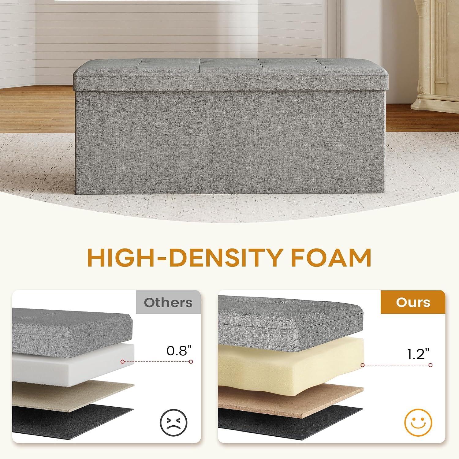 KROFEM 43.5" Folding Storage Ottoman Bench,Rectangle Foot Rest Stool for Living Room and Bedroom Holds 660 lbs,Light Gray