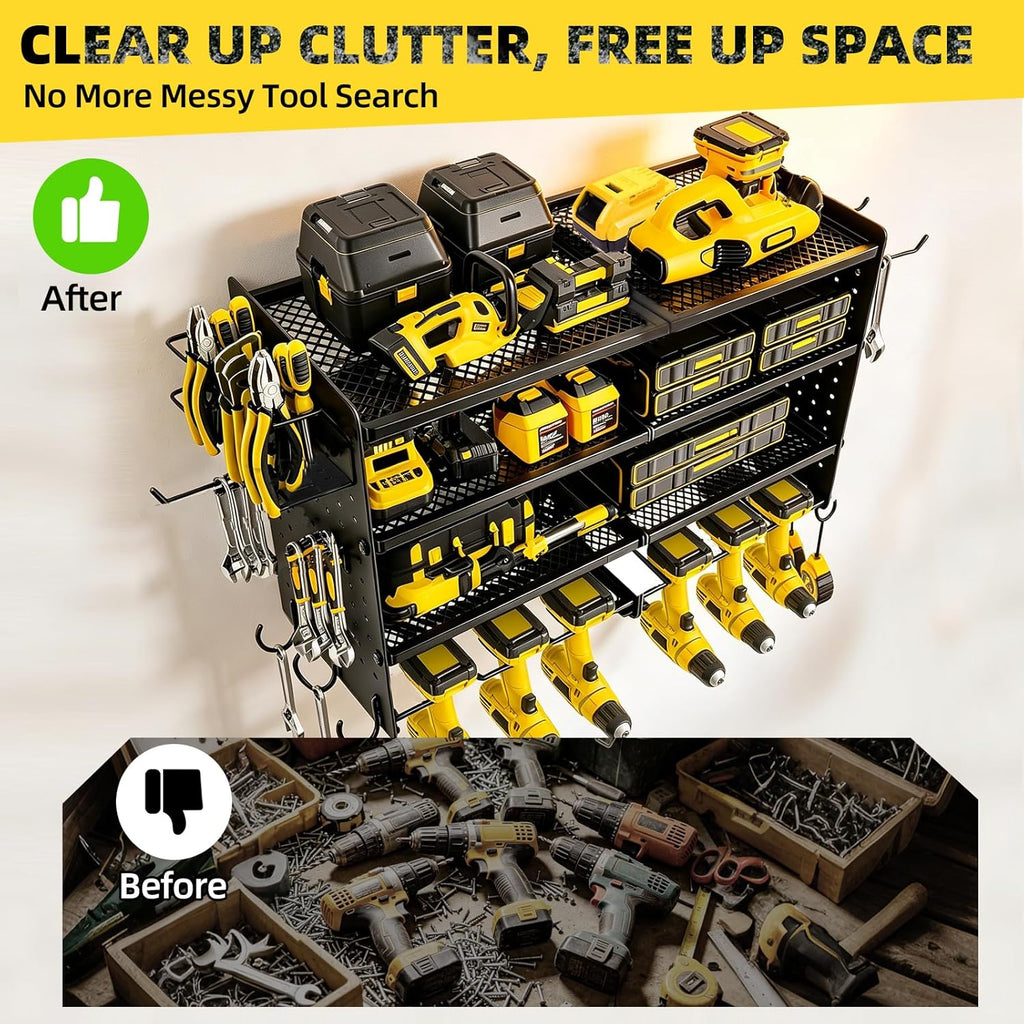 Power Tool Organizer Wall Mount, 4 Tier Heavy Duty Tool Storage Rack, 400 LBS Capacity with Drill Tools Holder & Hooks, Tool Organizers and Storage for Garage, Warehouse, Workshop, Gifts for Men