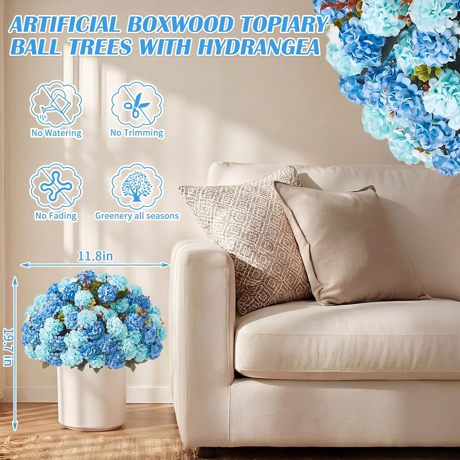 Suncalla 2 Set Turquoise Blue Artificial Topiary Ball Trees with Hydrangea Flower, 19.7" UV Resistant Outdoor Artificial Plants with Ground Spike for Planter Front Door Home Indoor Porch Patio Decor