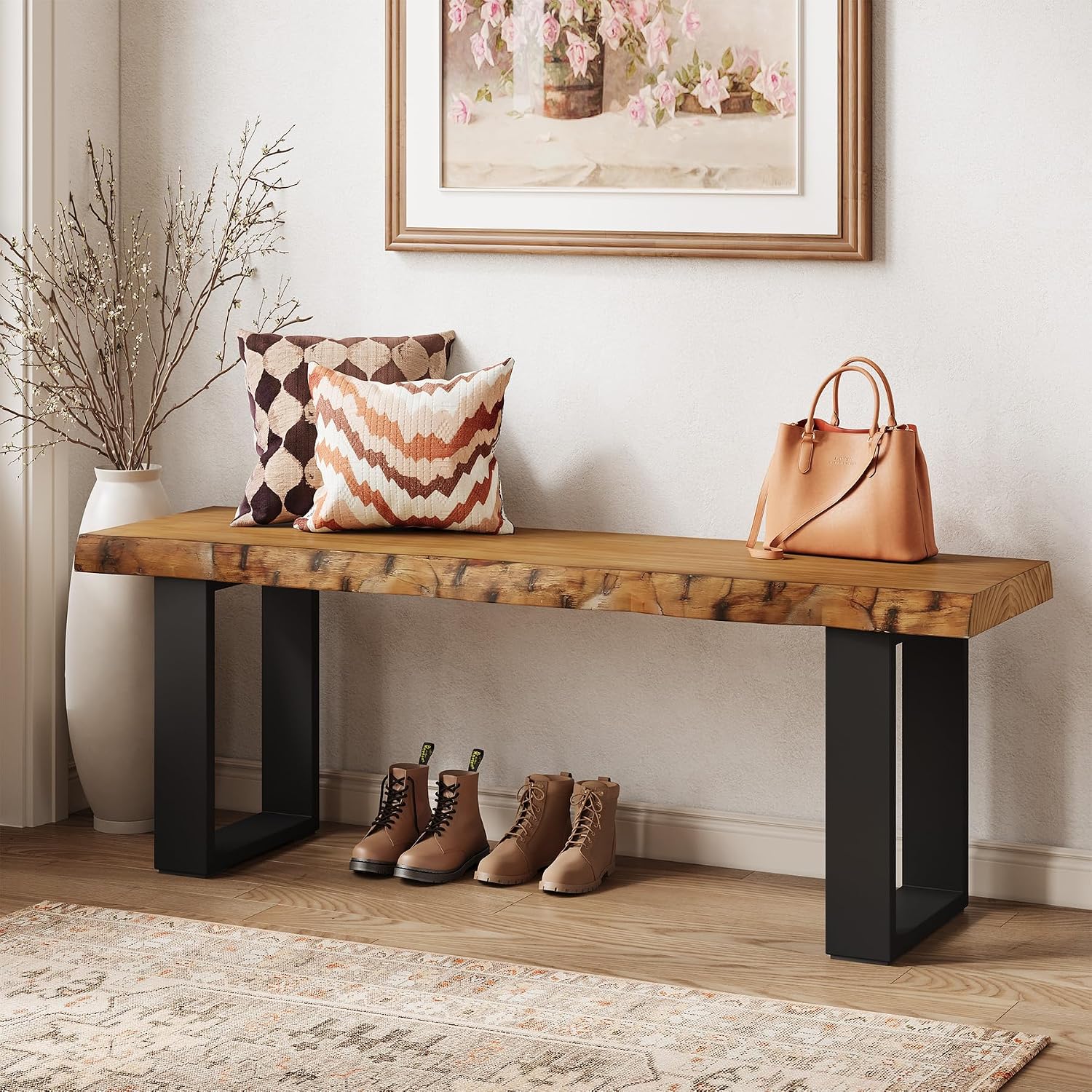 47" Solid Wood Entryway Bench, Industrial Wooden Shoe Bench with Metal Legs, Narrow Long End of Bed Bench for Bedroom, Living Room, Small Space, Easy Assembly
