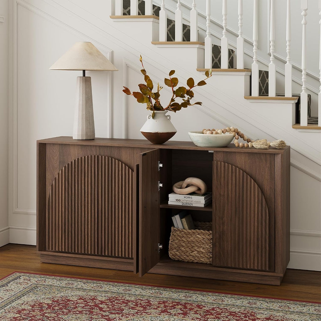 win2win Fluted Sideboard Buffet Cabinet with Storage, 65" Mid Century Modern Accent Cabinet with Double-Layered Arch Doors,Wood Media TV Console Table Credenza for Living Room Hallway Entryway,Walnut