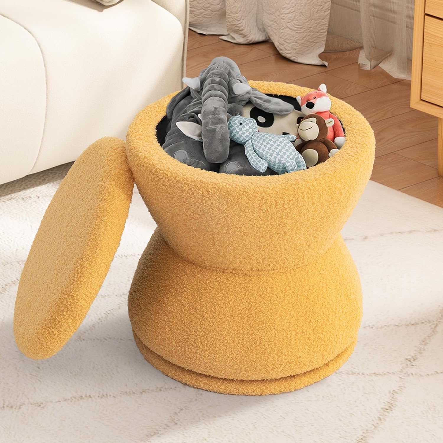 DHMAKER Round Ottoman with Storage, 360°Swivel Vanity Stool Chiar, Small Makeup Chair Comfy Upholstered Foot Stool with Thick Padded for Living Room, Bedroom, Entryway,Yellow