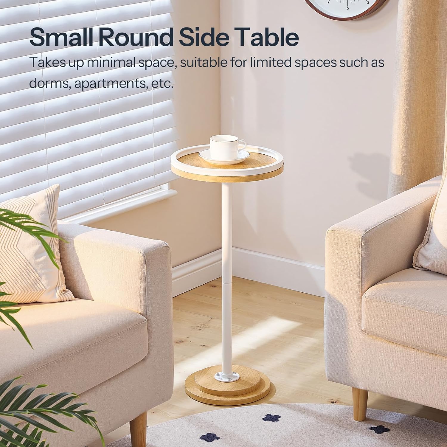 HOOBRO Small Round Side Table, Drink Table, Coffee Martini Table with Pedestal Accent for Small Spaces in Living Room, Bedroom, Sofa Couch, Natural and White WN168BZ01