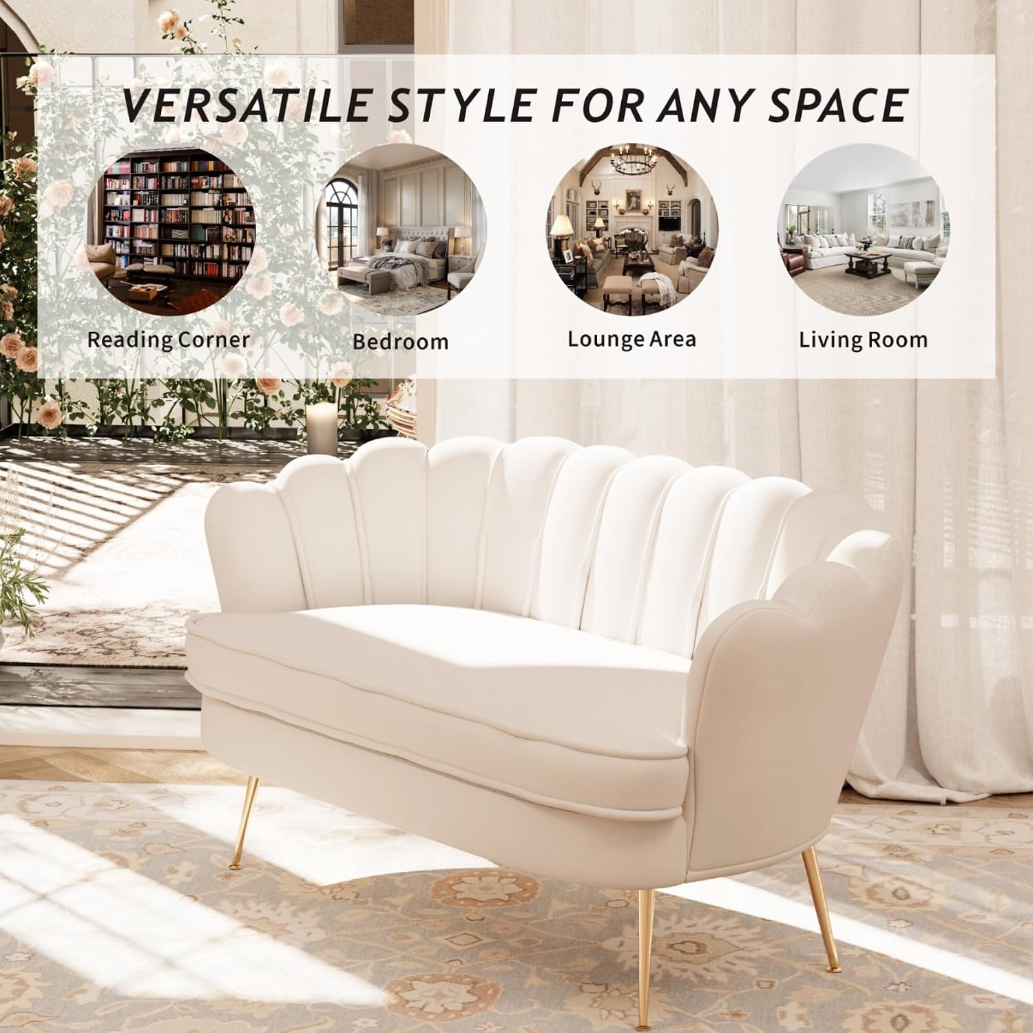 59'' Loveseat Sofa, Comfy Chenille 2-Seater Sofa with Gold Legs, Modern Shell Accent Couch for Studio, Living Room, Store, Office (Beige Chenille).