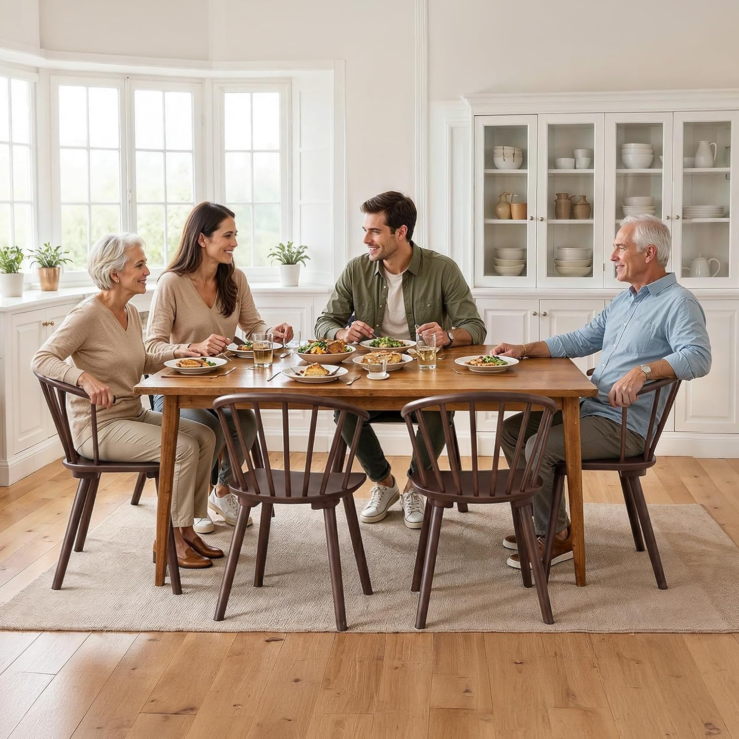 LUE BONA Walnut Dining Chairs Set of 4, Farmhouse Wood Dining Chairs with Semicircular Backrest, Spindle Dining Chair for Kitchen and Dining Room, 18 Inch