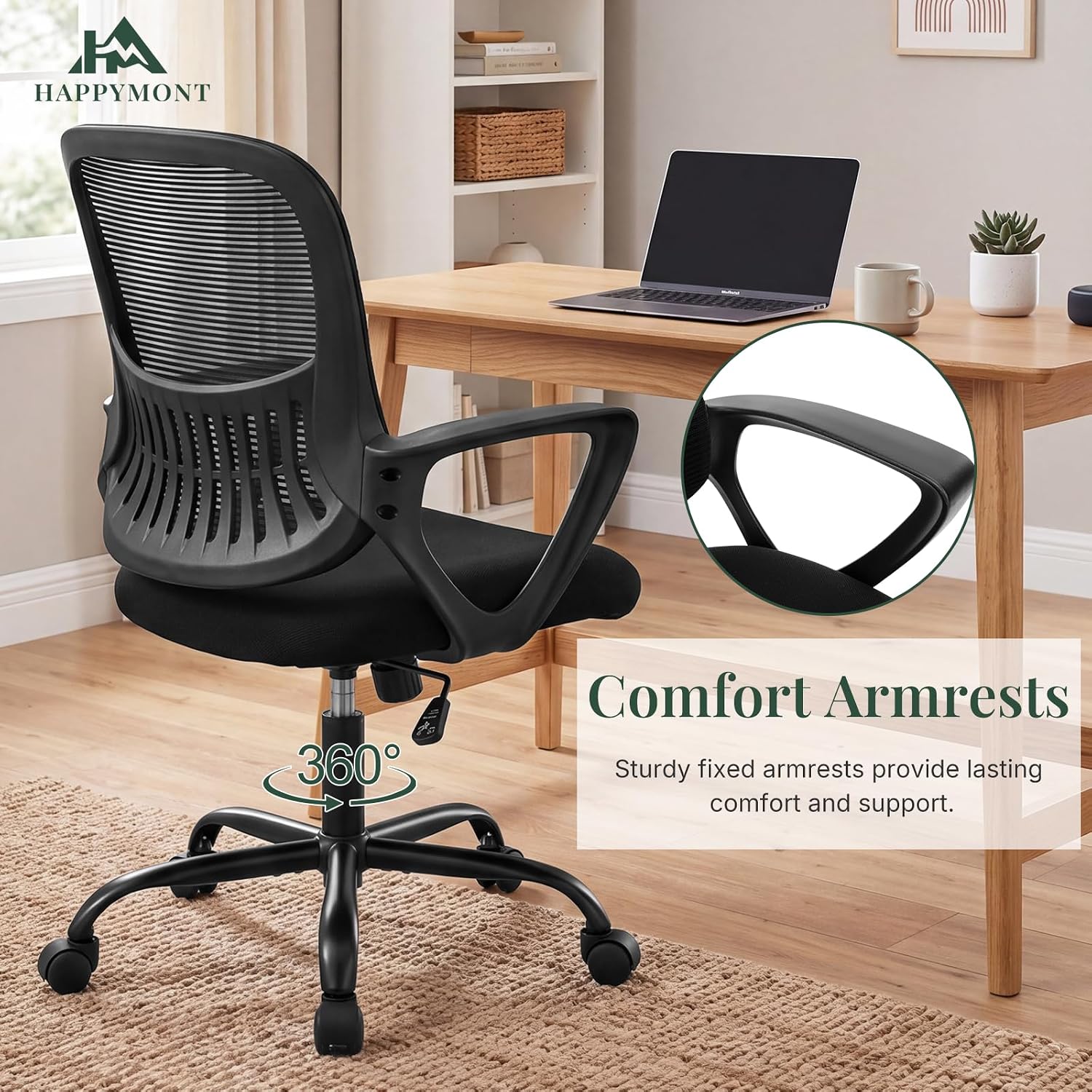 Home Office Desk Chair, Ergonomic Mid-Back Mesh Computer Task Chair with Comfortable Lumbar Support, Height Adjustable Swivel with Fixed Armrest for Adults, Student, Black