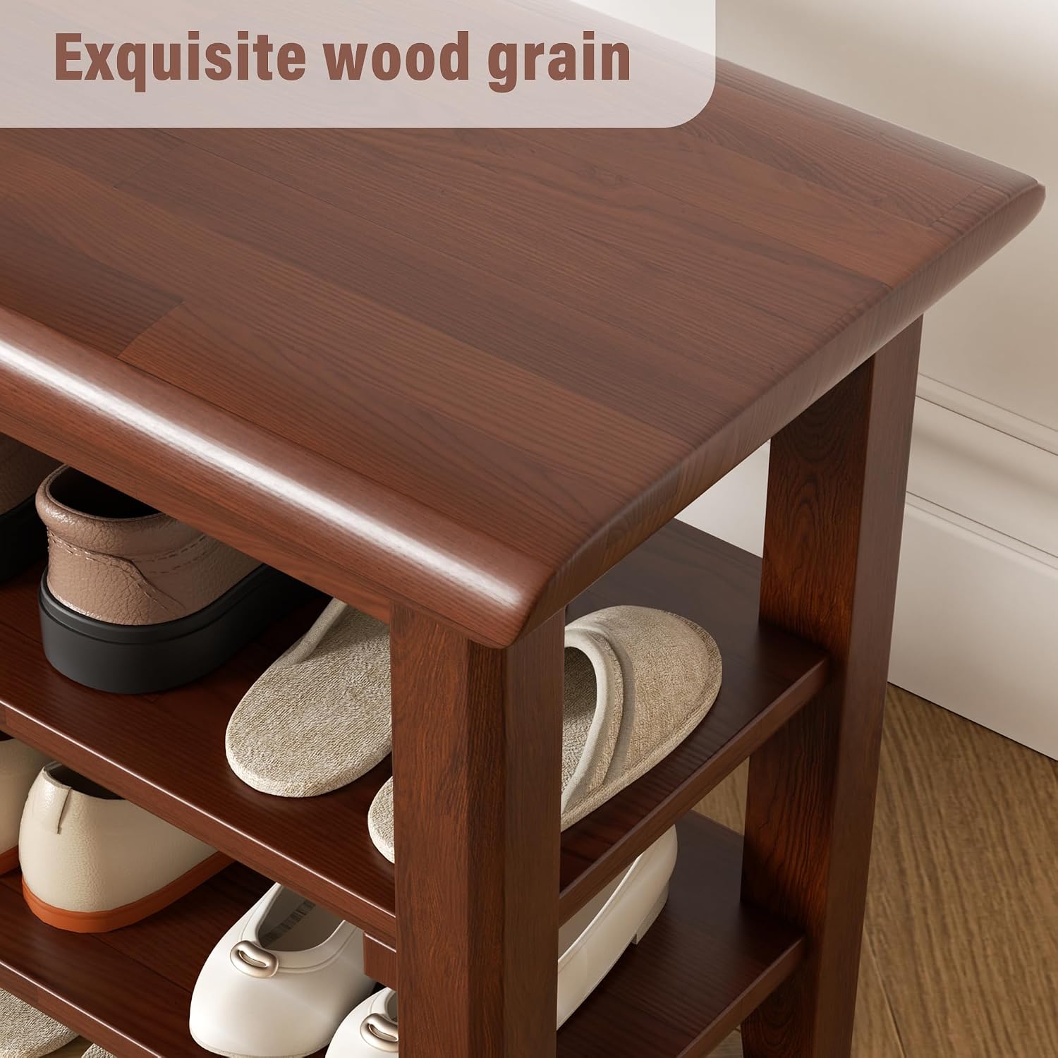 SShoe Rack Bench Mid Century Modern 2-Tier Shoe Rack Organizer for Entryway Hallway or Living Room Farmhouse Rustic Wooden Seat Bench Brown 11.8" Dx31.5 Wx16.5 H