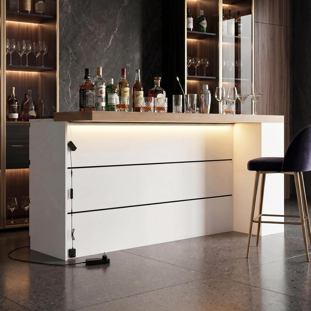 82.7" Large Bar Table Kitchen Station, Home Bar Unit with Lighting, 3 Drawers & 4 Shelves, Bar Cabinets Reception Desk for Home Pub Kitchen Storage, White & Marble Pattern