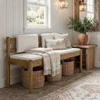 LITTLE TREE Solid Wood Entryway Bench, 49" Dining Bench with Back, Wood Settee Bench with Upholstered Seat, Farmhouse Bedroom Bench for End of Bed, Dining Room, Mudroom, Entryway, White + Walnut Brown