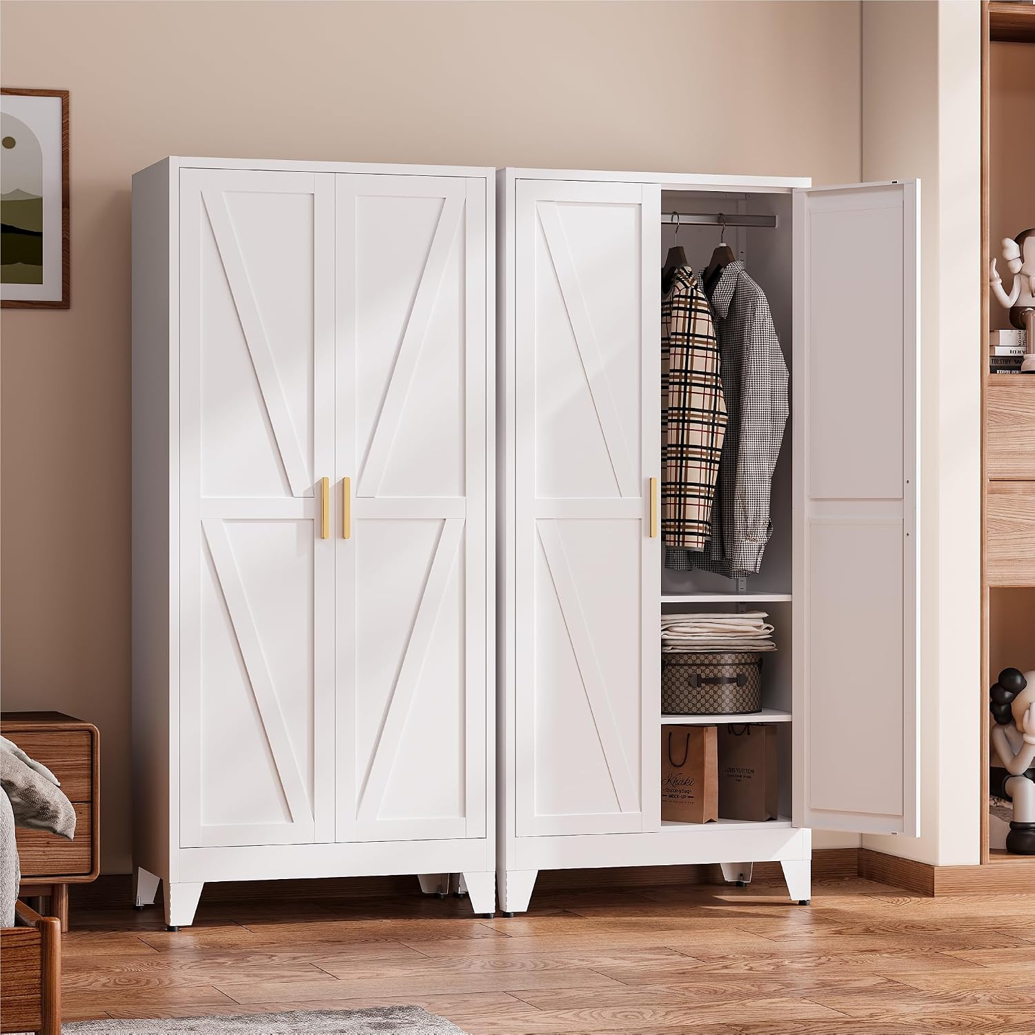 COFaR 71" Metal Wardrobe Closet with Adjustable Hanging Rod & 2 Shelves, Freestanding 2-in-1 Armoire Cabinet with Large Top/Bottom Storage, White Steel Closet Organizer