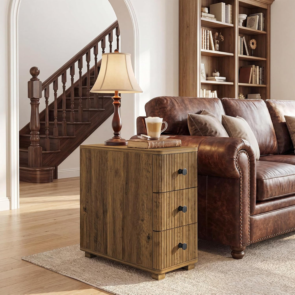 Tribesigns End Table with 3 Drawers, Farmhouse Fluted Narrow Side Table, Wood Slim Sofa Side Table for Small Spaces, Rustic Nightstand with Storage for Living Room Bedroom