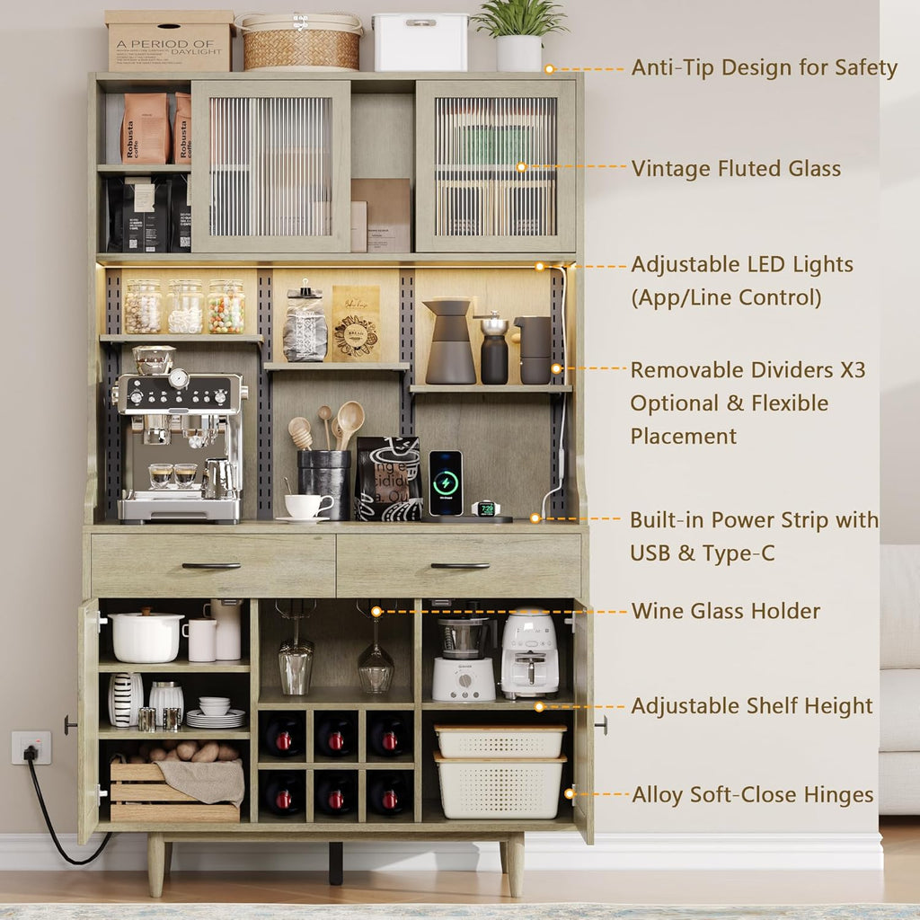 Einhomn 71" Kitchen Pantry Cabinet with UL Charging Station, 3 Adjustable Shelves, App-Dimmable LED Light, Wine Rack, Farmhouse Style, Buffet Cabinet for Kitchen/Dining/Living, Natural Wood