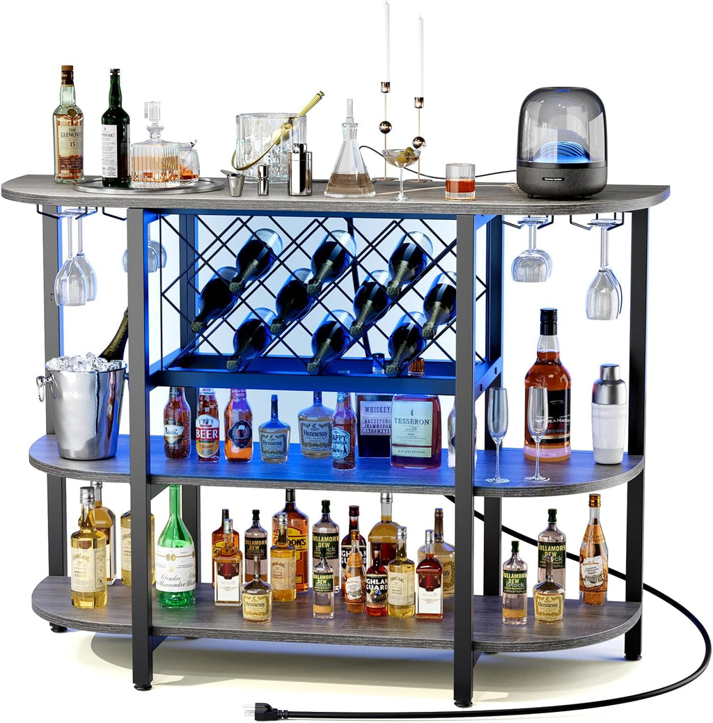 DUMOS Bar Cart with Power Outlet, LED Home Bar Cabinet with Storage, Metal Small Liquor Cabinet with Glasses & Wine Bottle Holder, Grey, 47.24" L x 15.74" D x 35.43" H
