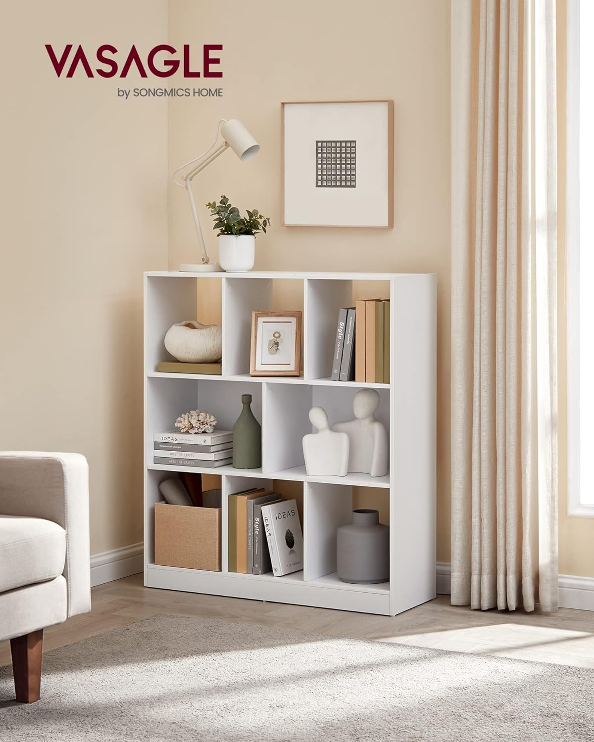 VASAGLE Bookcase, Bookshelf, Freestanding Storage Unit, 8 Open Compartments, Used Horizontally, Vertically, Upside Down, 11 x 35.4 x 39.4 Inches, for Living Room, Study, Office, Cloud White ULBC55WT