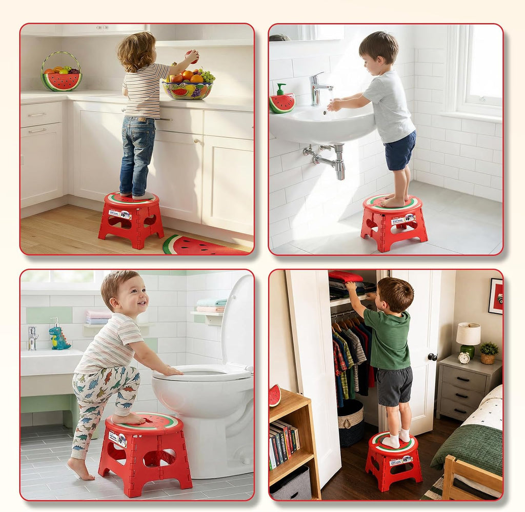 ACSTEP 9 Inch Folding Step Stool for Kids, Sturdy Collapsible Step Stool Foldable Up to 300 lbs for Toddlers, Non Slip Foot Stools with Handle for Kitchen, Bathroom, Bedroom, Outdoor, Watermelon Red