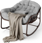 Oversized Papasan Rocking Lounge Chair with Neck Pillow, Hand Woven Rattan Rocker, Heavy Duty Metal Frame Supports 400LBS, Indoor Outdoor Porch Patio Living Room Chair,Gray