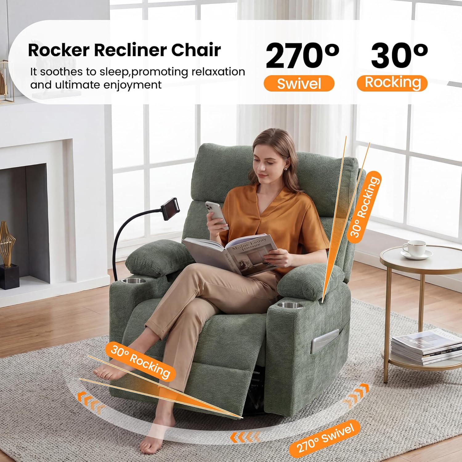 FiveWillowise Power Rocking Chair Nursery with Adjustable Arms&Headrest | Glider Recliner Chair, Swivel Reading Chair with Electric Lumbar Support, Cup Holder, Nightlight and USB Ports,Green