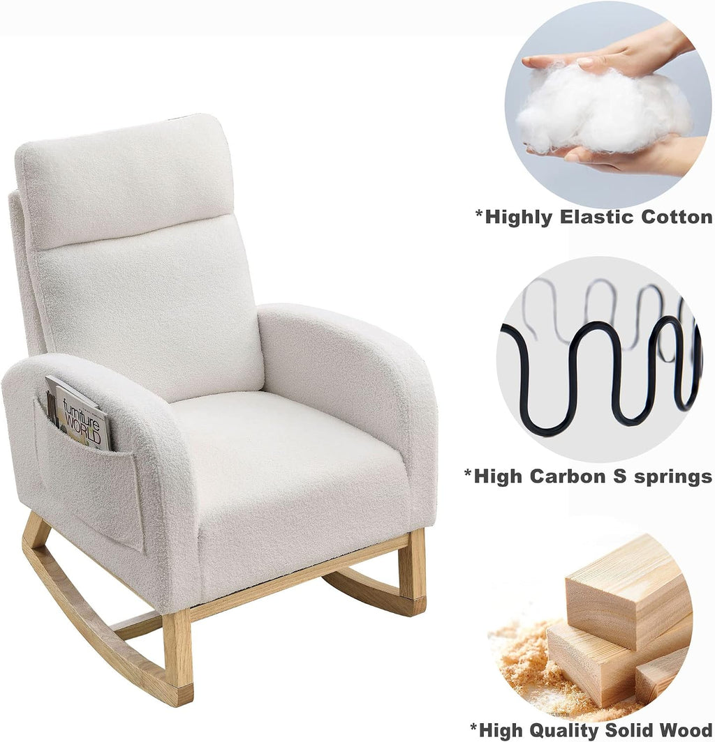 Dolonm Rocking Chair Mid-Century Modern Nursery Rocking Armchair Upholstered Tall Back Accent Glider Rocker for Living Room (White,Teddy)