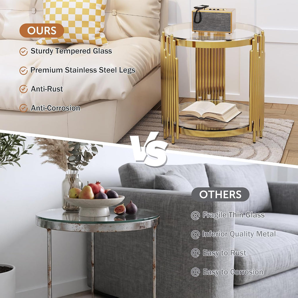 Luxury Gold Round Glass End Table Set of 2, 19.7" Modern Side Table with Stainless Steel Irregular Leg Clear Tempered Glass Tabletop, Accent Furniture for Living Room, Clear