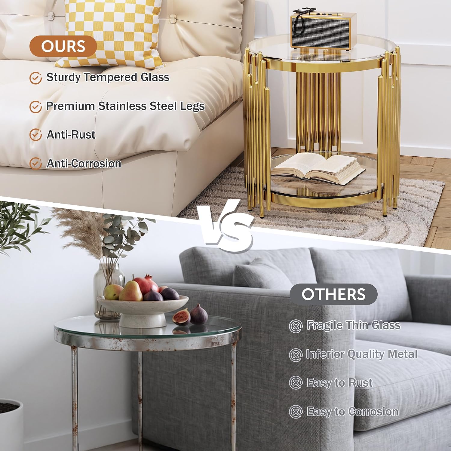 Luxury Gold Round Glass End Table Set of 2, 19.7" Modern Side Table with Stainless Steel Irregular Leg Clear Tempered Glass Tabletop, Accent Furniture for Living Room, Clear
