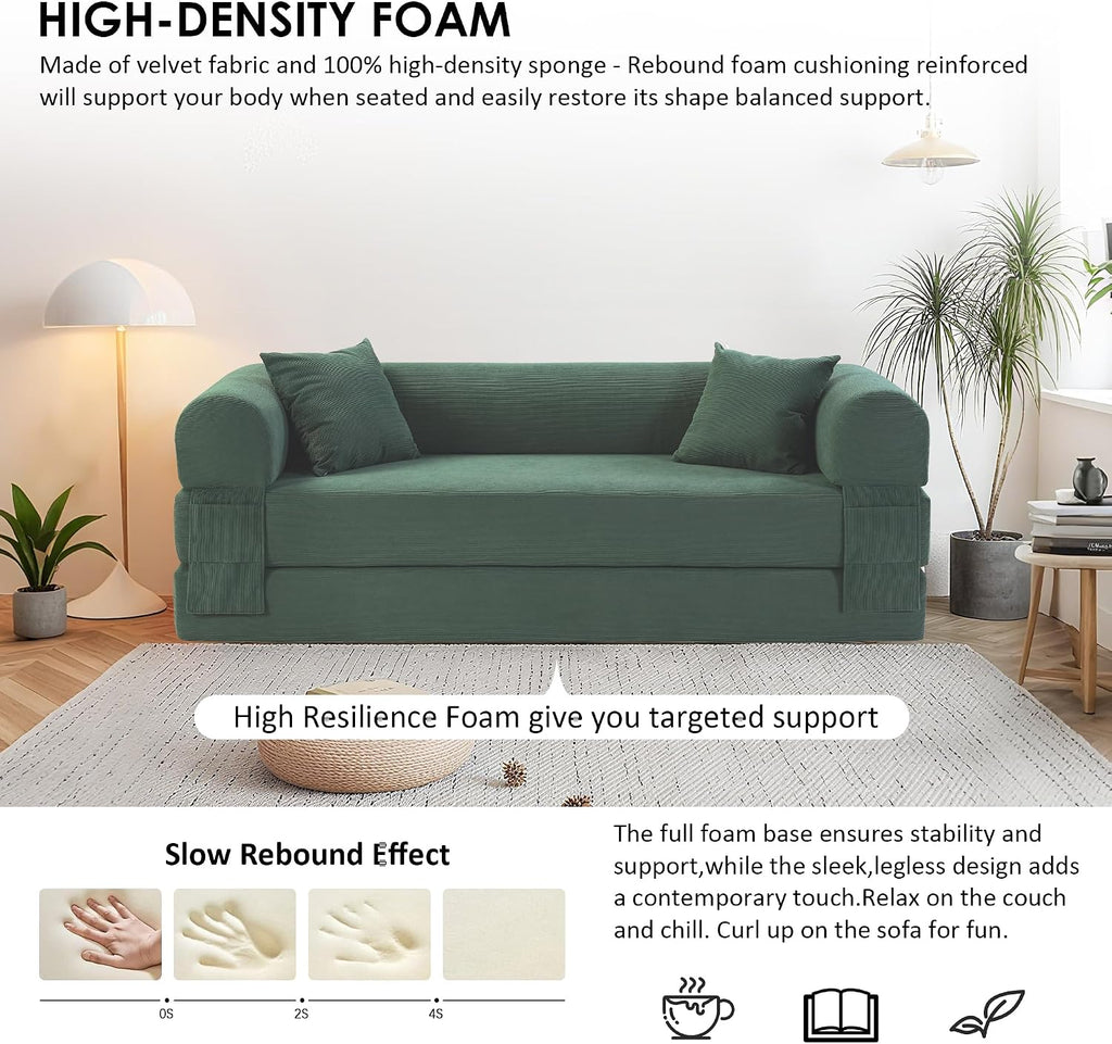 80" Cloud Sleeper Sofa Bed Pull Out Couch, Corduroy Boneless Sofa with Side Storage Pocket, Convertible Compression Sofa with Pillows for Living Room Bedroom, Light Green