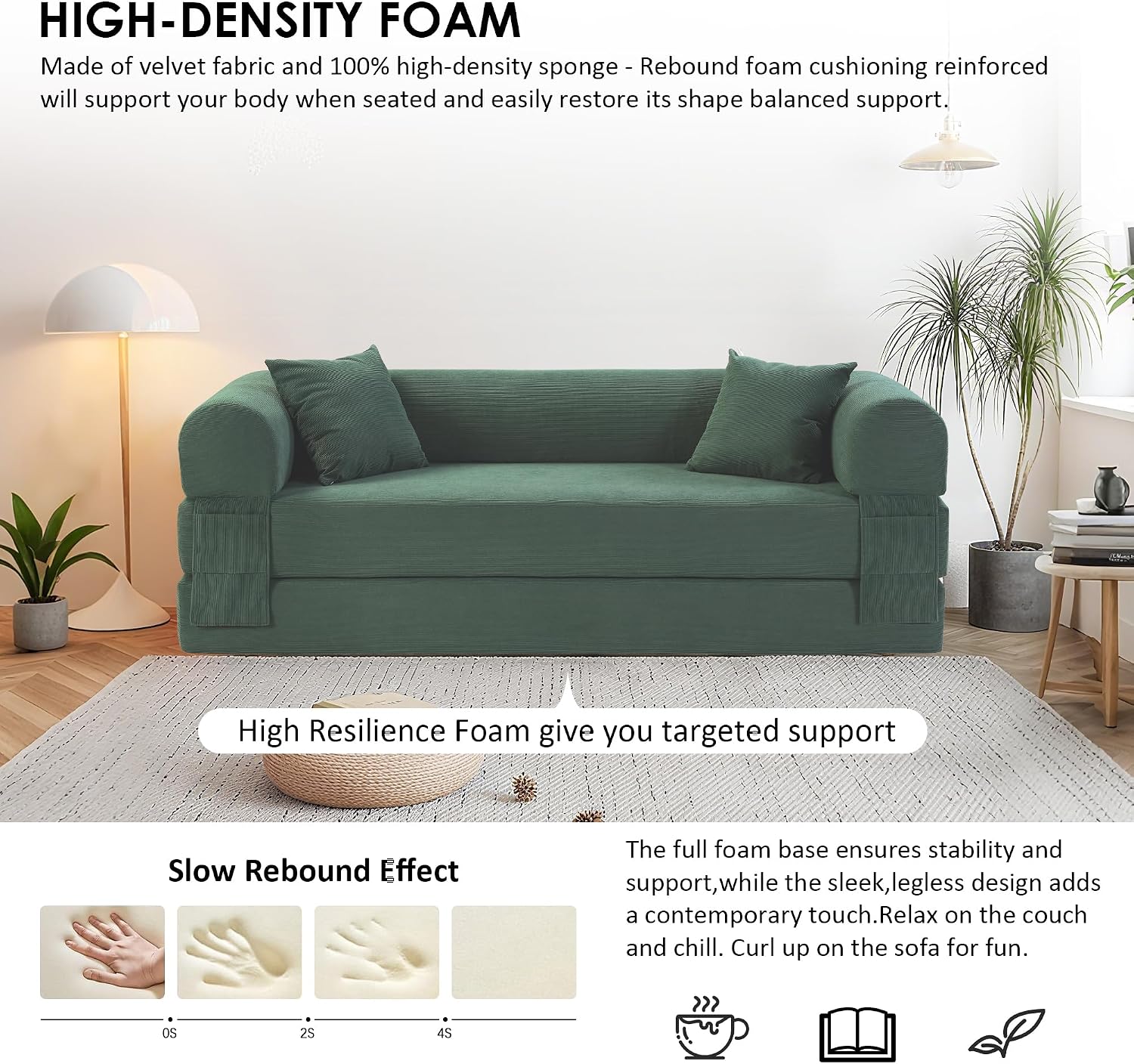 80" Cloud Sleeper Sofa Bed Pull Out Couch, Corduroy Boneless Sofa with Side Storage Pocket, Convertible Compression Sofa with Pillows for Living Room Bedroom, Light Green