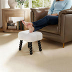 White Ottoman, Small Footrest with Storage Space, Unique Shaped Ottoman with Wood Legs，Faux Teddy Fur(Clover-White)
