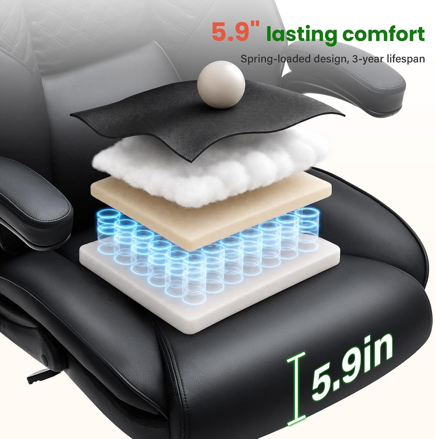 500lbs Big and Tall Office Chair with Inflatable Lumbar Support, Rubber Wheels Executive Chair with Rocking Function, High Back Wide Cushion Leather Ergonomic Computer Desk Chair for All-Day Sitting