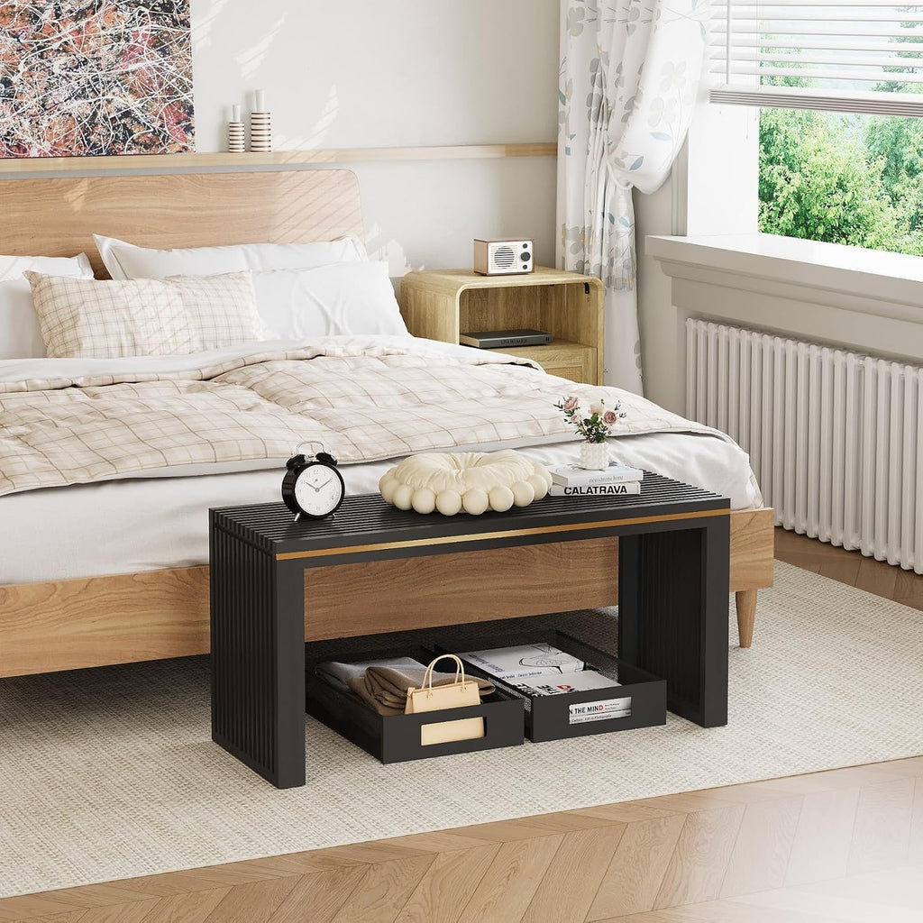 Wisuce Bamboo Dining Bench, 35 inch Entryway Indoor Bench, Black