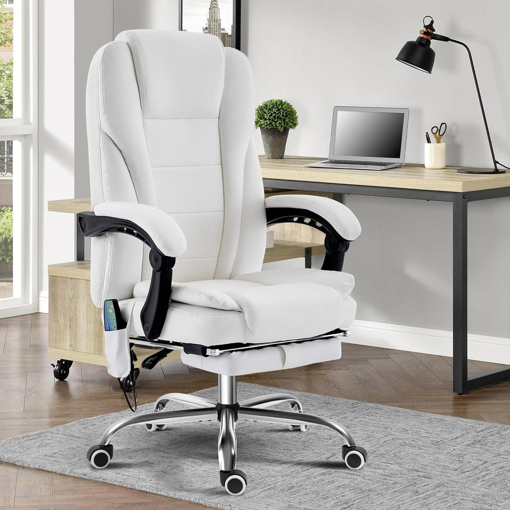 TonghuaS Massage Office Chair with Foot Rest Vibration and Heating, 90-130° Reclining Desk Chair, Ergonomic Reclining Computer Gaming Leather Chair(White)