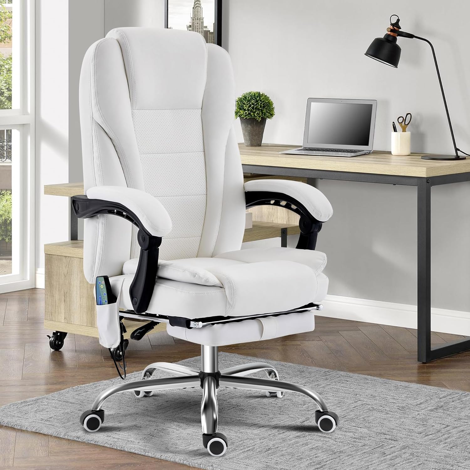 TonghuaS Massage Office Chair with Foot Rest Vibration and Heating, 90-130° Reclining Desk Chair, Ergonomic Reclining Computer Gaming Leather Chair(White)