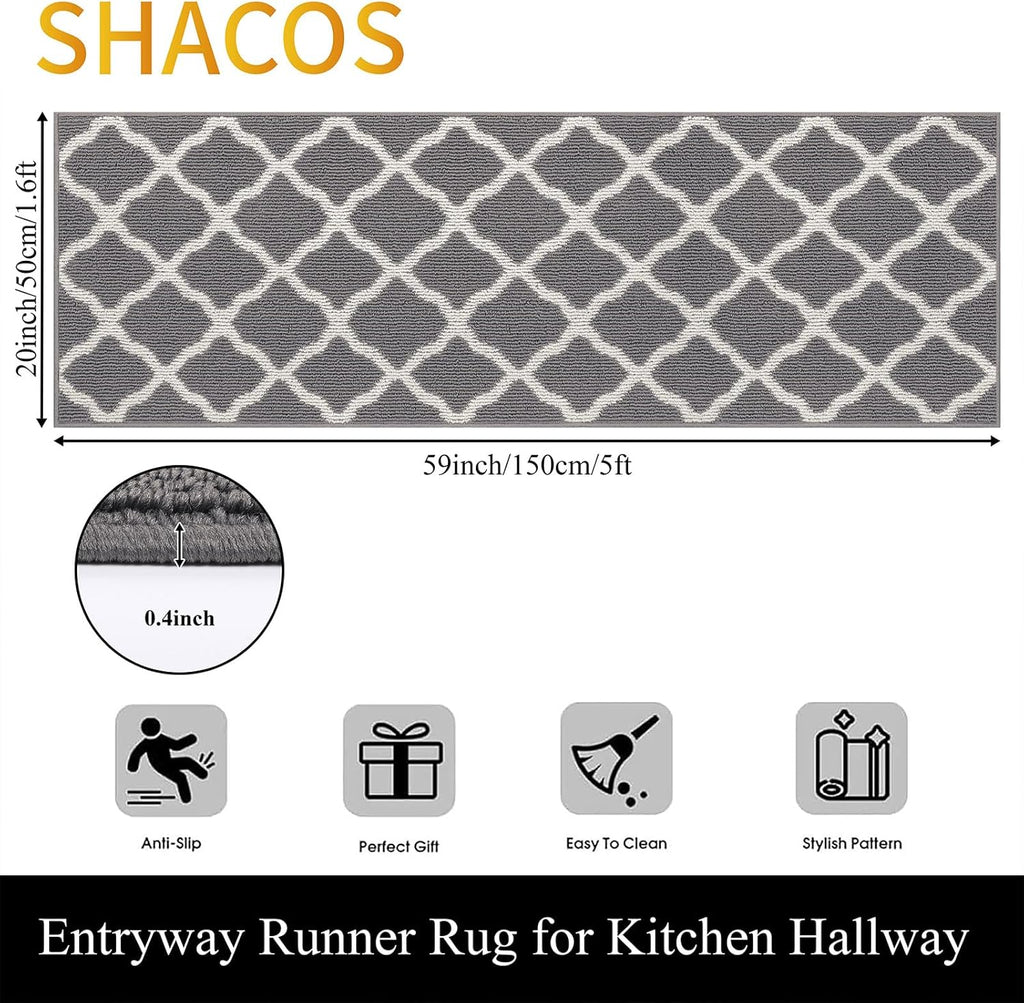 SHACOS Washable Runner Rug 20"x59" Dirt Trapping Non Slip Rubber Backing Rug Runner Floor Mats Carpet Runners for Entryway Hallway Kitchen Garage Laundry Room, Light Gray