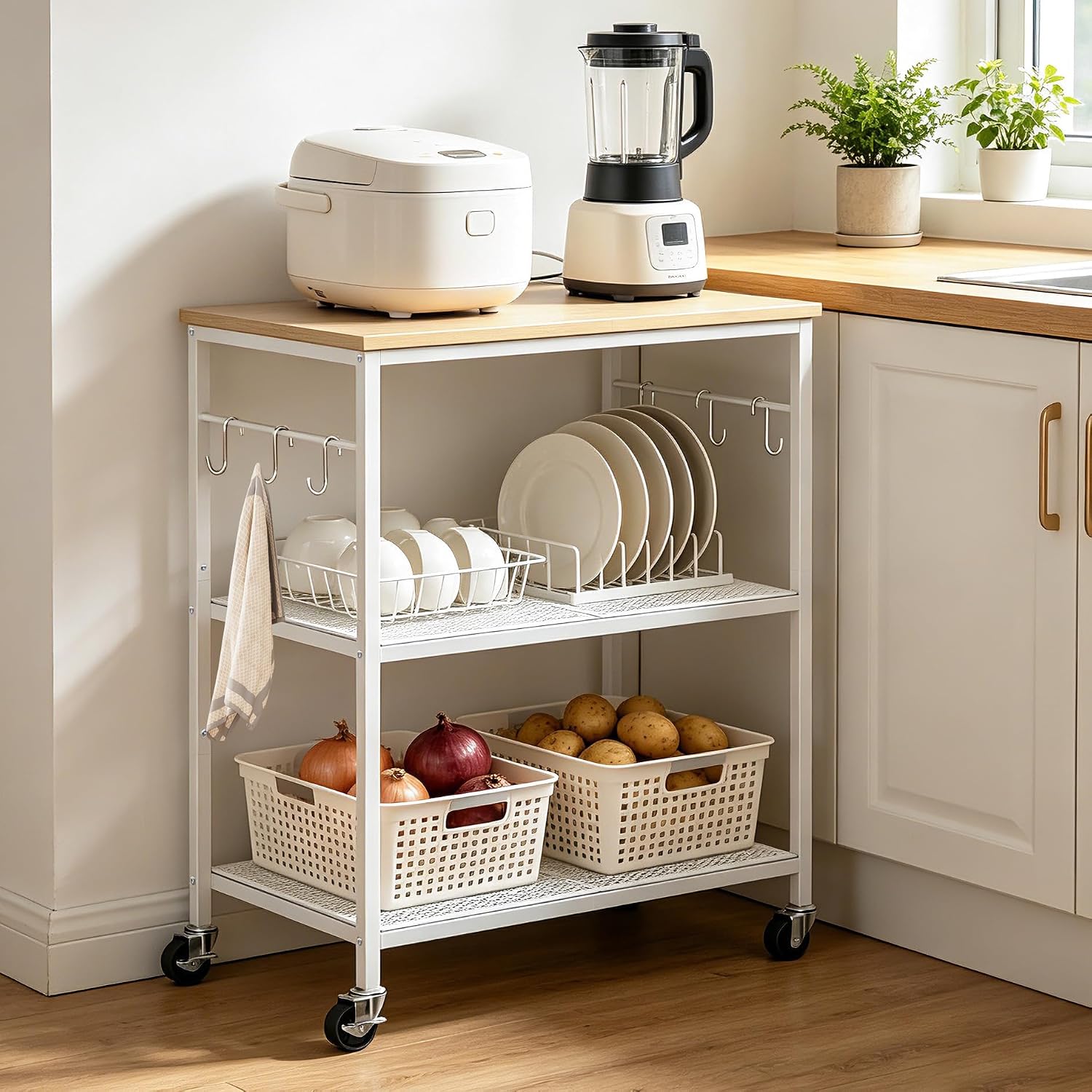 Homleke 3-Tier Rolling Kitchen Microwave Cart, Kitchen Utility Cart on Lockable Wheels, Coffee Bar Table Station with 6 S-Shaped Hooks, Small Appliance Storage Shelf, White and Natural KC40D