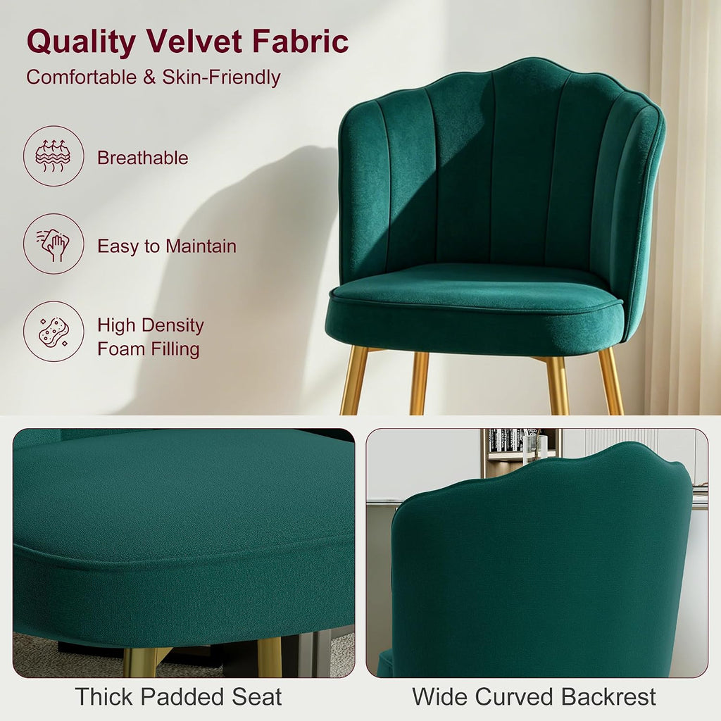 VECELO Velvet Dining Chairs Set of 2, Modern Upholstered Kitchen Chairs with Thick Cushions, Curved Padded Backrest and Metal Legs, for Kitchen, Dining Room, Living Room, Green