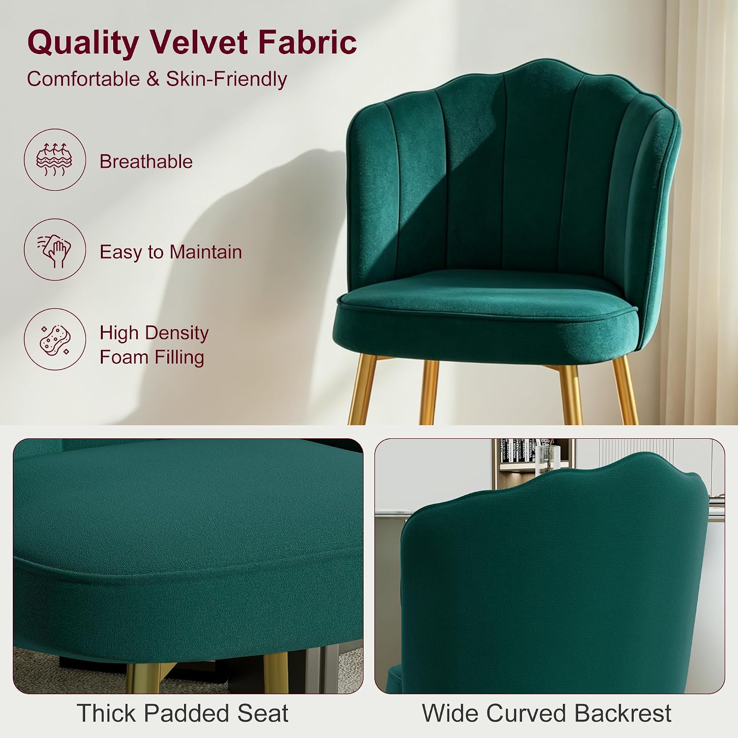 VECELO Velvet Dining Chairs Set of 4, Modern Upholstered Kitchen Chairs with Thick Cushions, Curved Padded Backrest and Metal Legs, for Kitchen, Dining Room, Living Room, Green