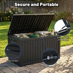 XXL Deck Box Outdoor Storage, Large Waterproof Resin Patio Furniture Cushion Organizer, Heavy Duty Lockable Garden Bench with Double-Wall Construction, Wood Grain Black (180, Gallons)