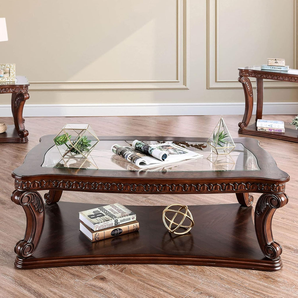 Style Coffee Table 5mm Tempered Glass Top Legs Carved Dark Oak End Table Not Included