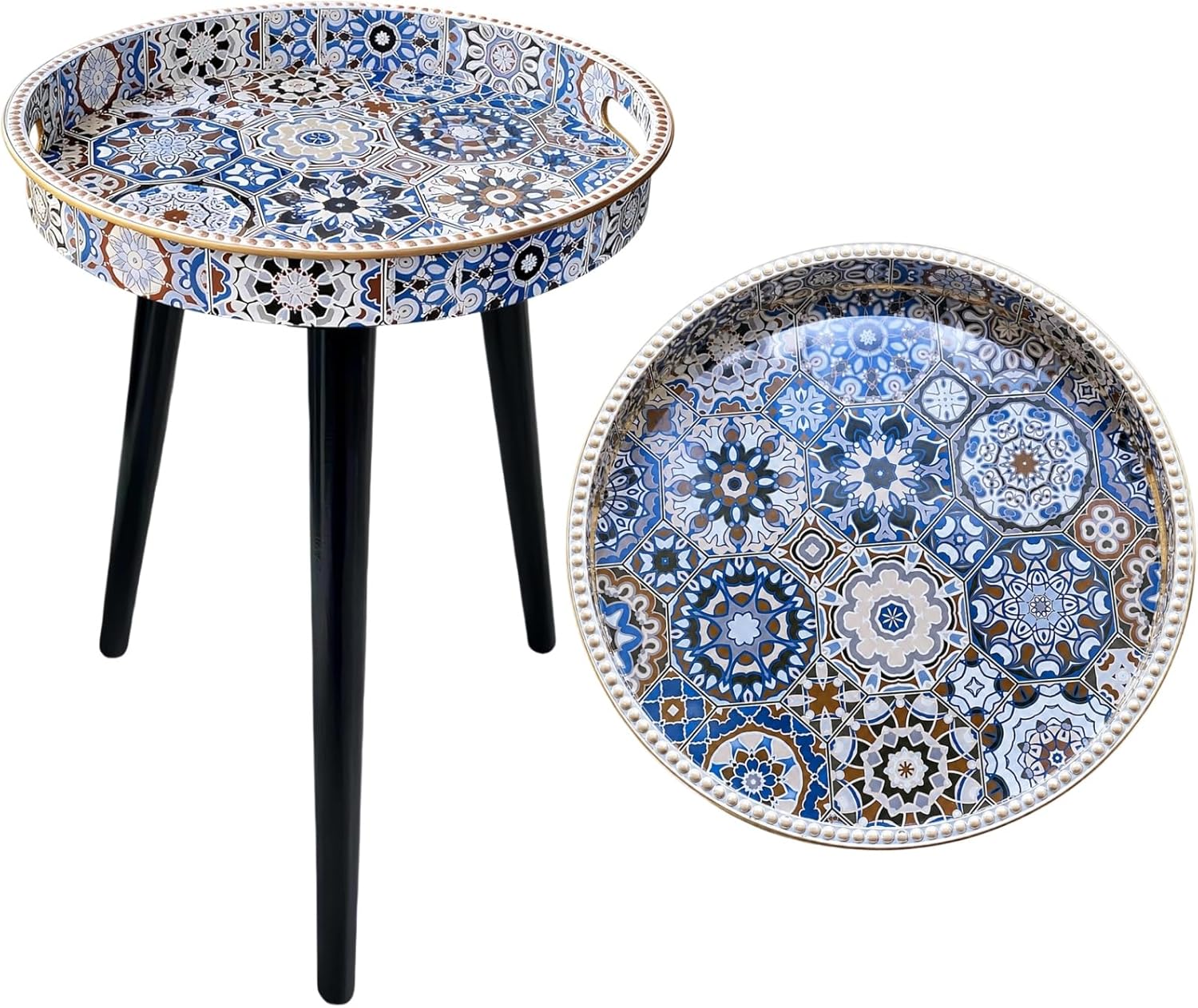Round Indoor Side Tables with Detachable Wooden 3 Legs, Versatile Tray Table, Perfect for Round Coffee Table Tea, and Relaxation Time 17.7 Inch (33 Bohemian)
