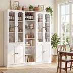 Cyclysio 80" Tall Pantry Cabinet Set of 3, Large Kitchen Storage Cabinet with Arched Glass Doors and Open Shelves, White Kitchen Pantry with 3.15" Baseboard Cutout for Living Room, Dining Room