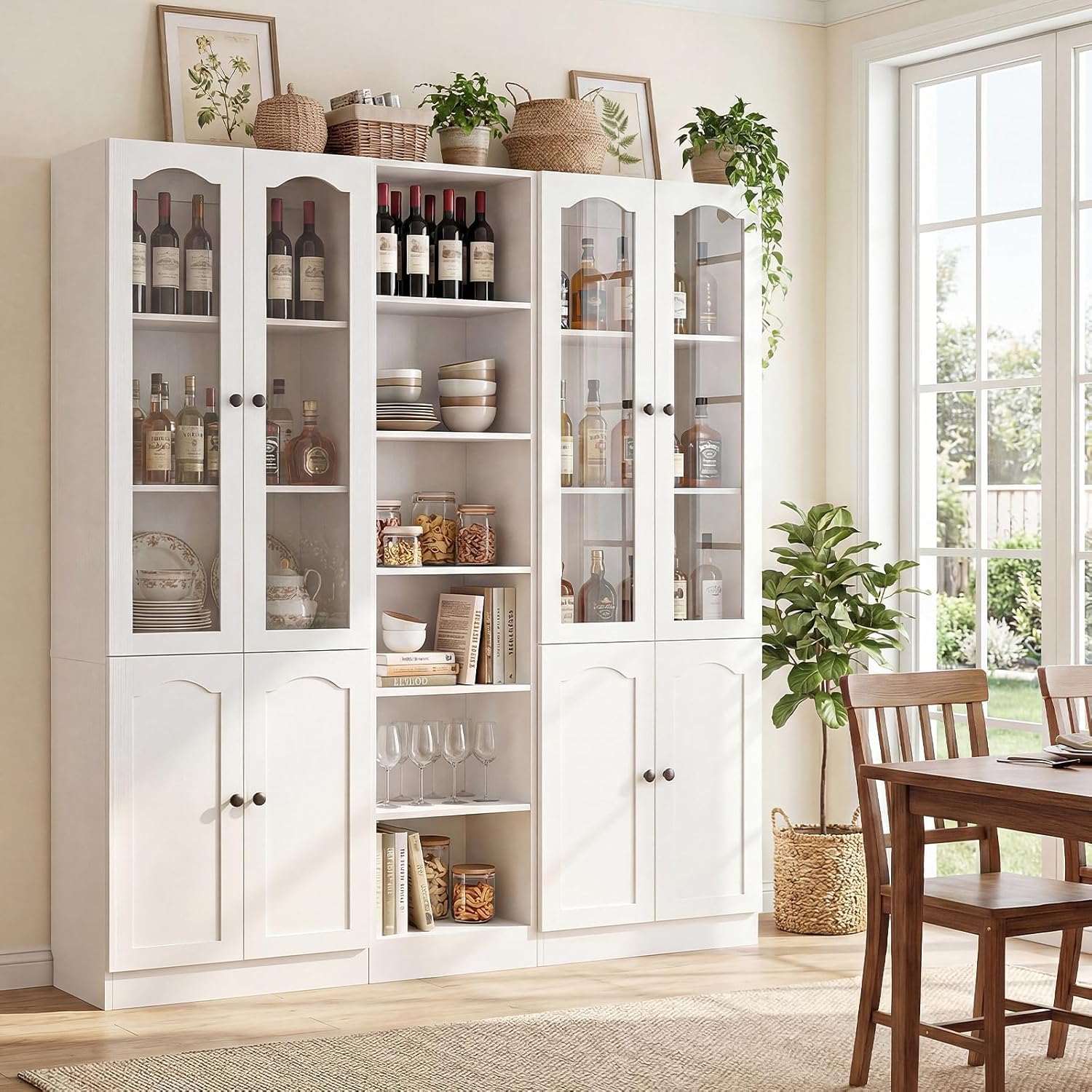Cyclysio 80" Tall Pantry Cabinet Set of 3, Large Kitchen Storage Cabinet with Arched Glass Doors and Open Shelves, White Kitchen Pantry with 3.15" Baseboard Cutout for Living Room, Dining Room