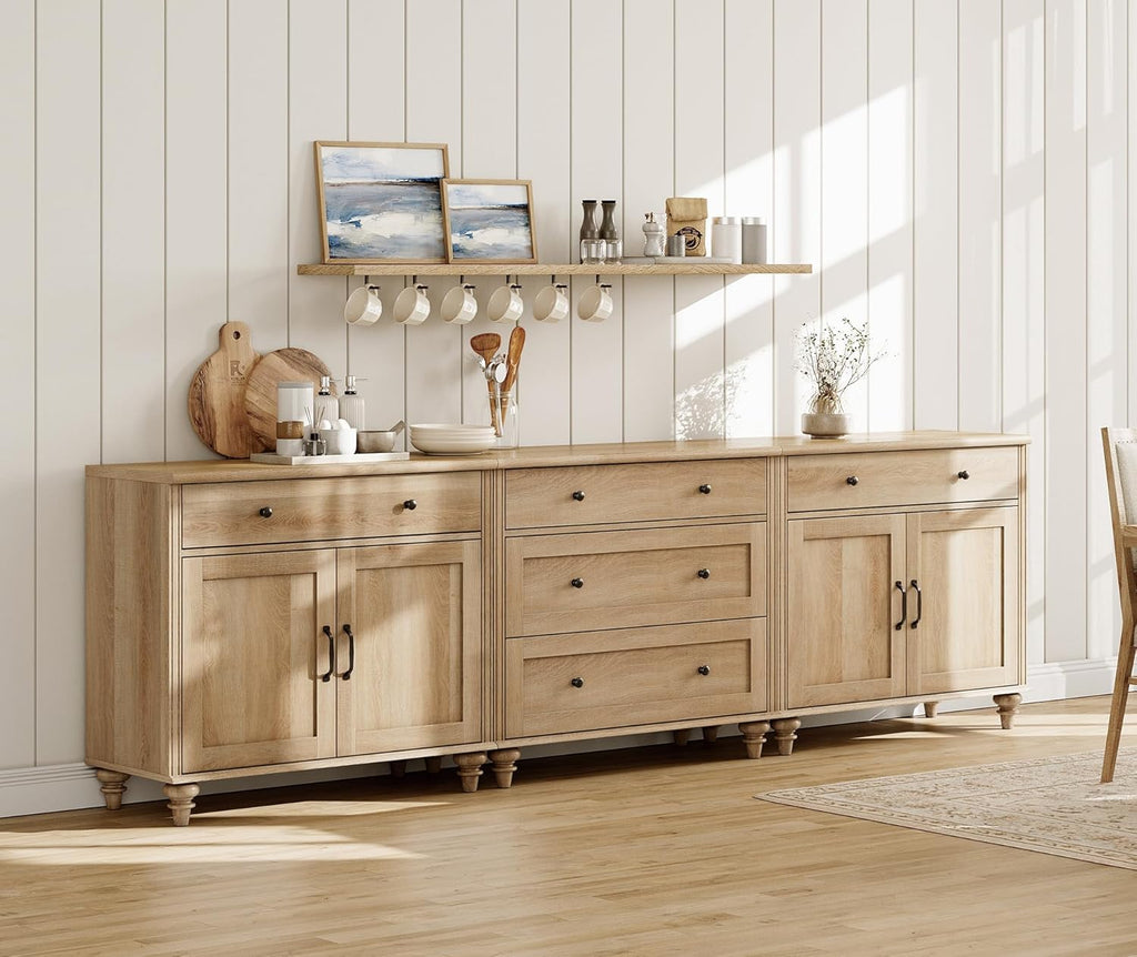 WAMPAT Buffet Cabinet with 5 Drawers and 4 Doors, Vintage Wood Grain Design, Farmhouse Coffee Bar with Storage, Morden Sideboard Cabinet for Dinning Room, Kitchen, and Living Room, 101 inch, Oak