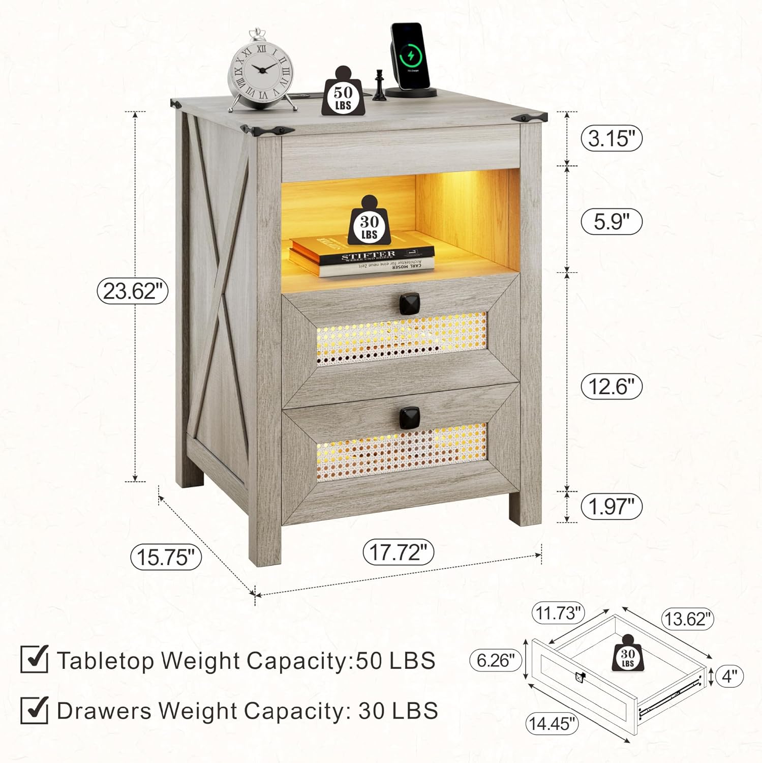 Night Stand with Gun Drawer, Bedside Table with Charger Station & LED Human Sensor Light, Gun Nightstand End Tables Bedroom Living Room, Rustic Grey