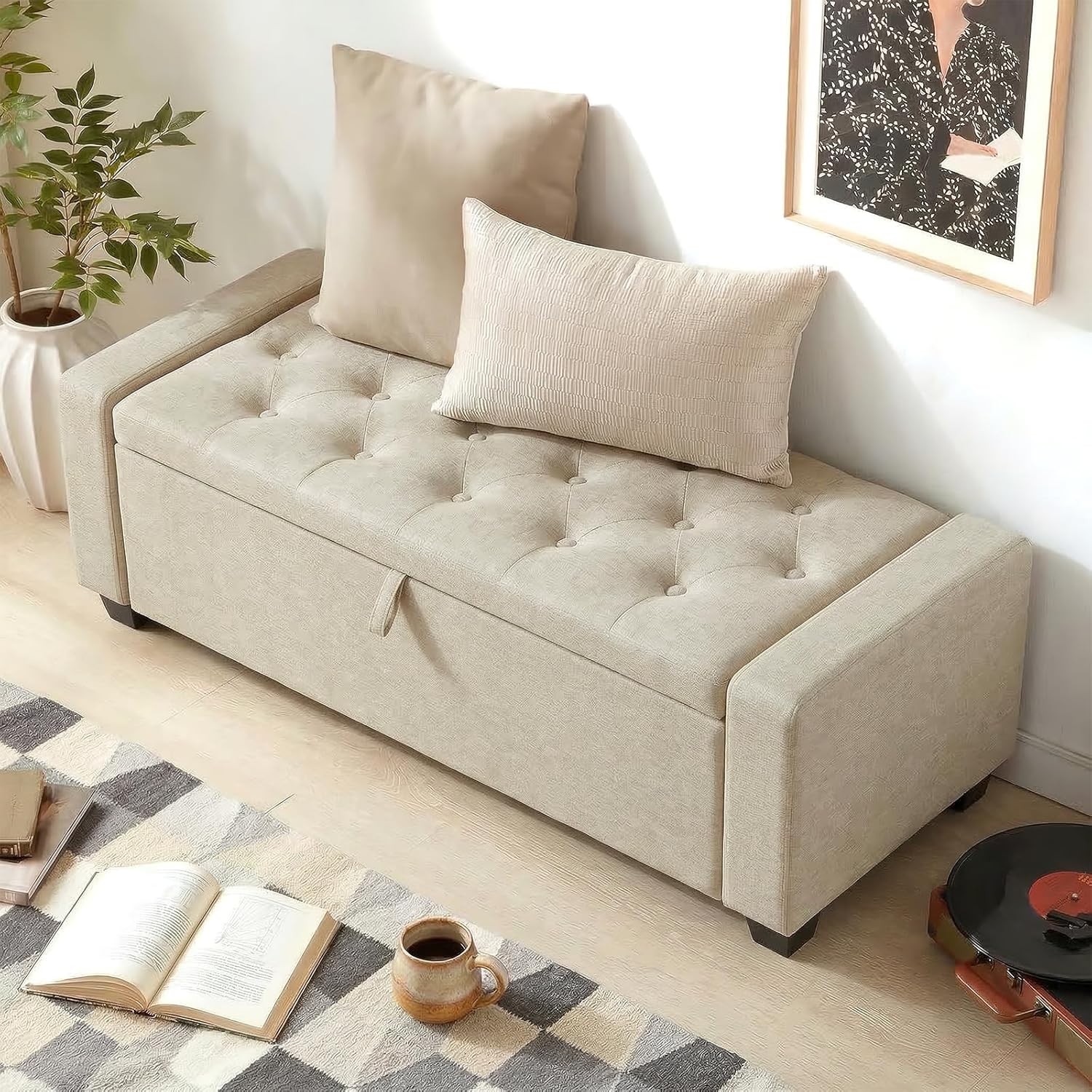 Storage Ottoman Bench, 50" End of Bed Bench with Legs,Storage Chest with Safety Hinge, Modern Entryway Benchs for Living Room, Bedroom, Entryway, Beige