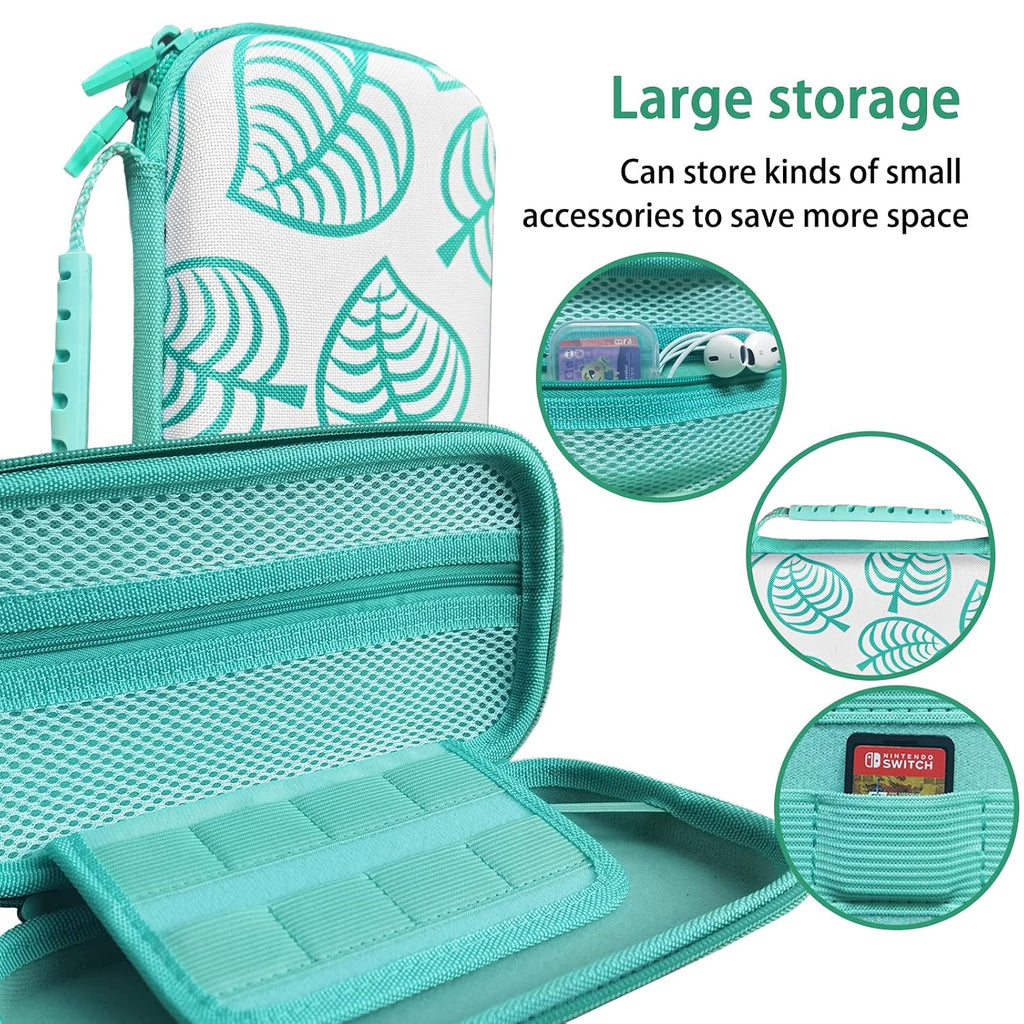 TIKOdirect Carrying Case for Switch lite, Shockproof Portable Travel Bag with Glitter Galaxy cover, Screen Protectors and Cute Leaf Thumb Grips Caps, Animal Crossing Green