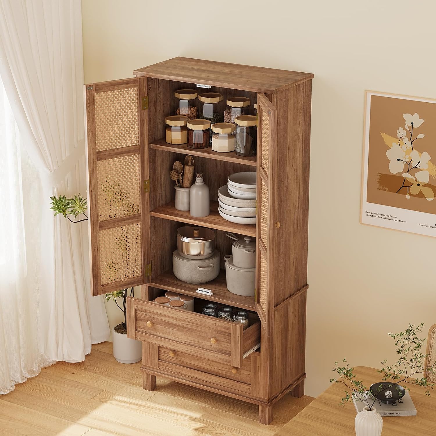 Kitchen Pantry Storage Cabinet, 64" Tall Pantry Cabinet with Rattan Doors and 2 Drawers,Storage Cabinet with & Adjustable Shelf, Wooden Utility Pantry for Kitchen, Dining Room
