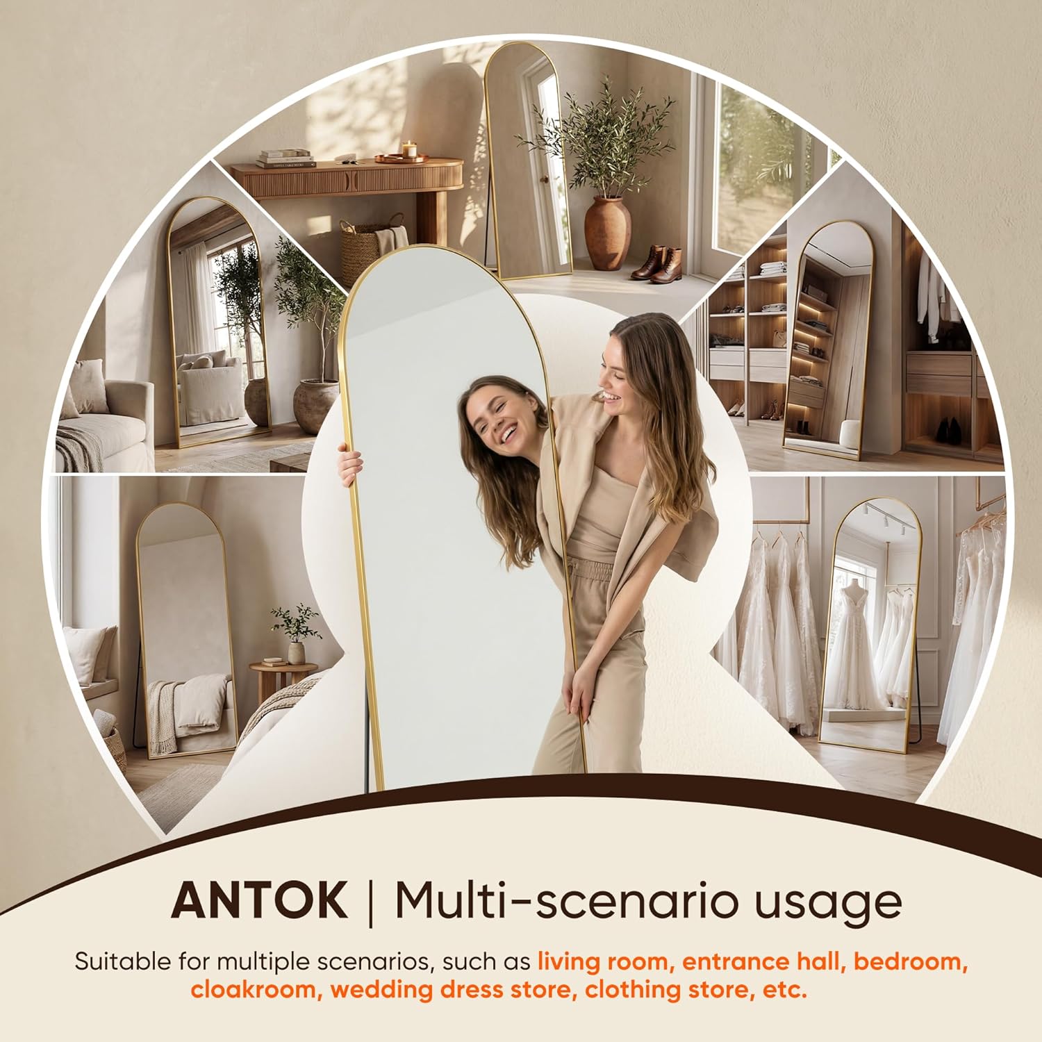 Antok 58" x19” Arched Full Length Floor Mirror, Gold Aluminum Frame, Free Standing/Wall Mount/Leaning for Bedroom, Living Room, Dressing Room