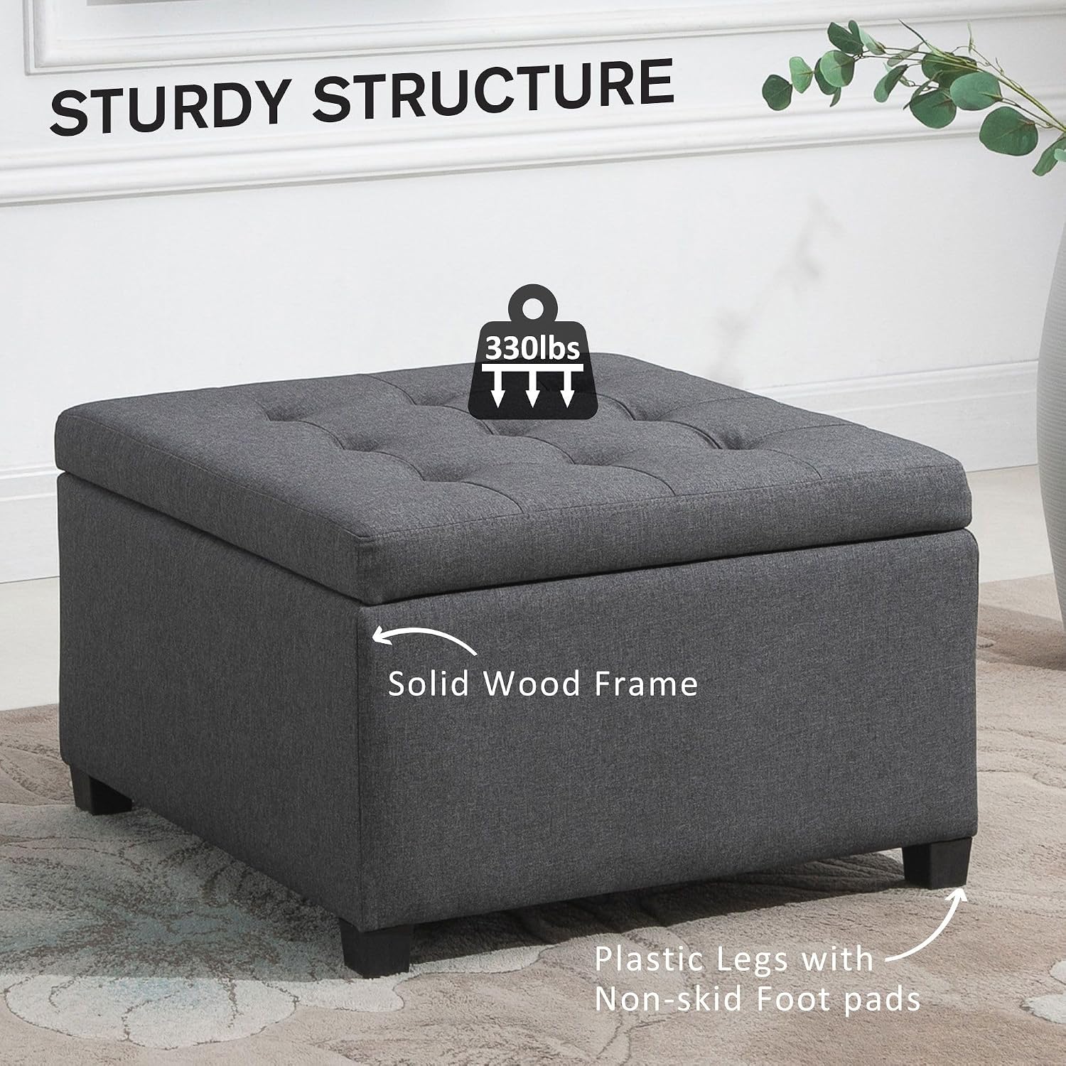 31x26x17inch 450lb Premium Quality Tufted Cotton Storage Ottoman LiftTop Standard Metal Hinge Premium Rubberwood FFor rame Gray