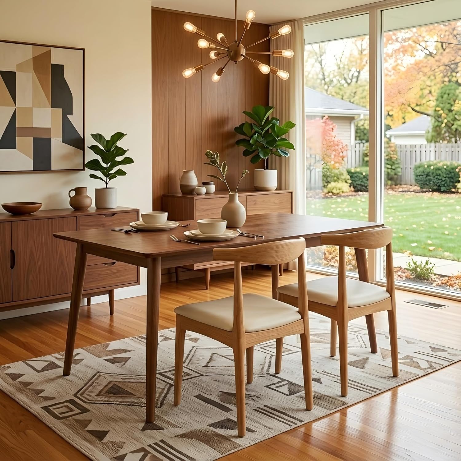 Solid Wood Dining Chairs Set of 2, Mid Century Modern Kitchen Chairs with Leather Upholstered Seat, Elegant Natural Wood Side Chairs for Dining Room, Kitchens,Restaurants, cafes
