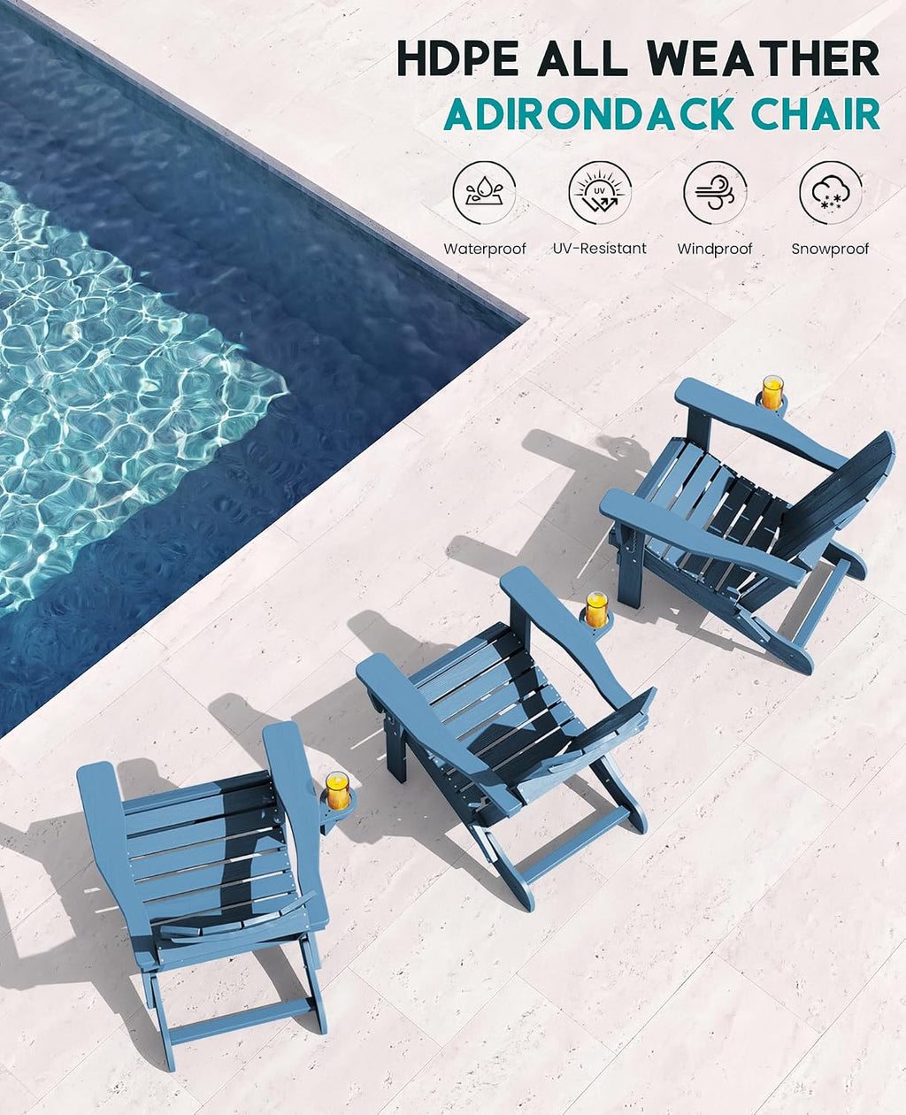 SERWALL Folding Adirondack Chair Set of 2, Adjustable Adirondack Chair with 3 Recline Positions, All Weather HDPE Outdoor Adirondack with Cup Holders, Blue