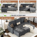 Walsunny 77" Sectional Sleeper Sofa with Pull Out Bed, Modern L-Shaped Corduroy Convertible Couch with Storage Chaise, Reversible Sofa Bed for Small Spaces, Apartment, Office, Dark Grey